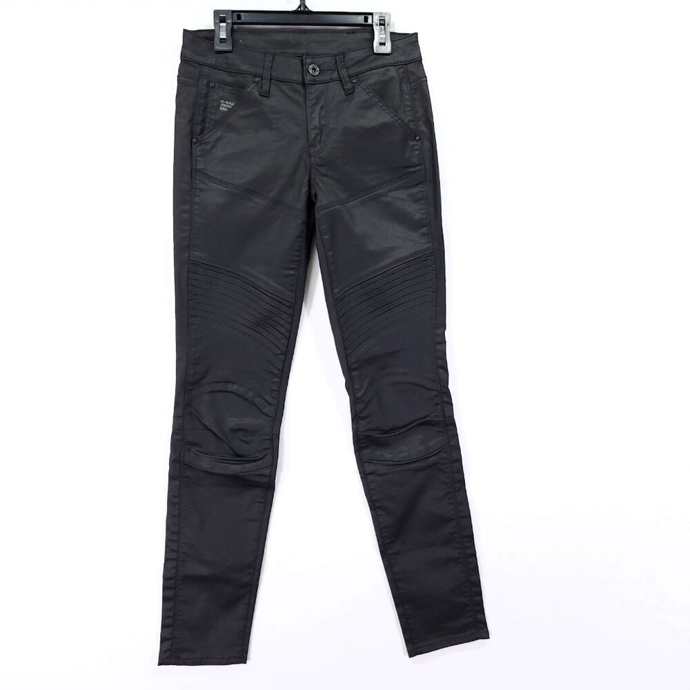 G Star Moto Biker Jeans Women’s 24 Black Low Rise Skinny Coated